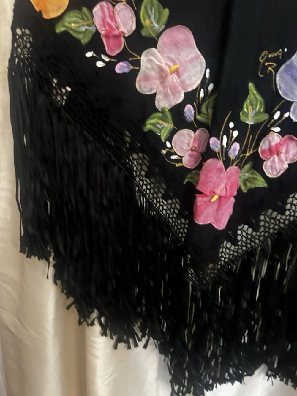 Ana Rosa Mexico Hand Painted Floral Cotton Fringe Wrap Shawl - Picture 4 of 7